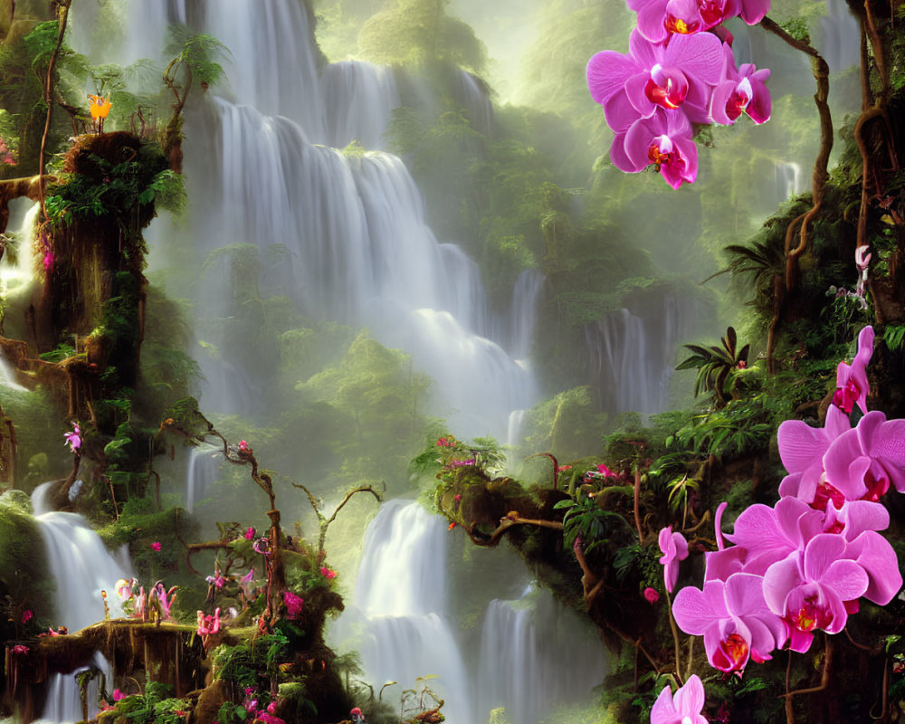 Lush Jungle with Waterfalls, Greenery, and Pink Orchids