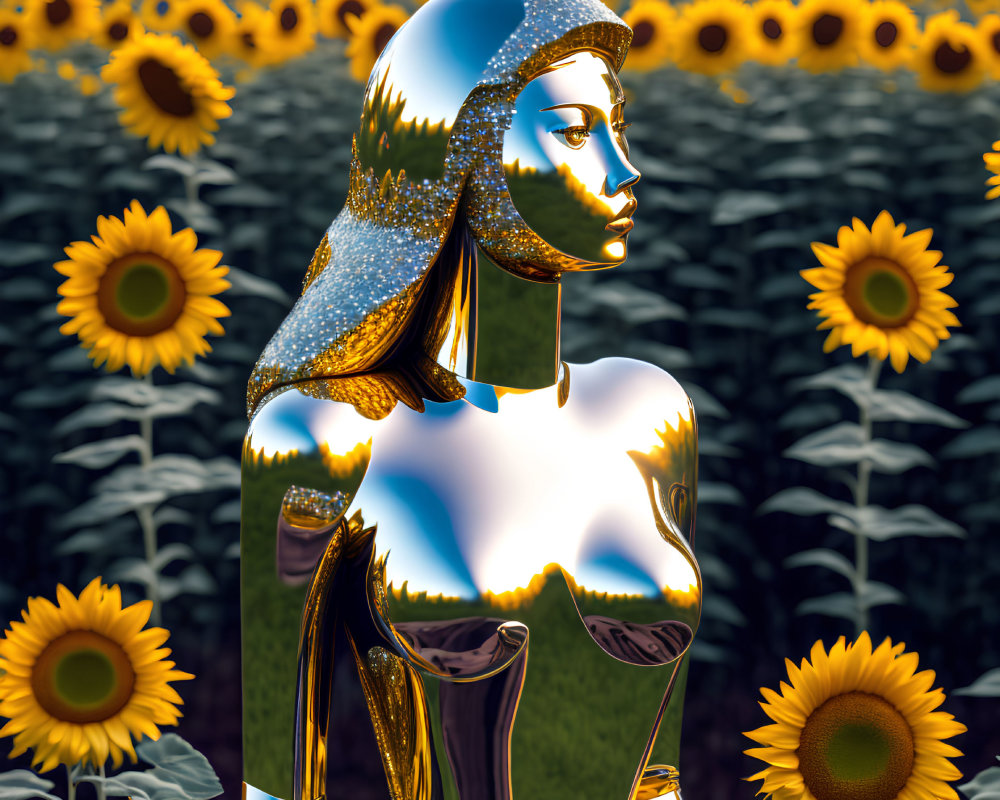 Reflective metallic female figure in sunflower field under clear sky