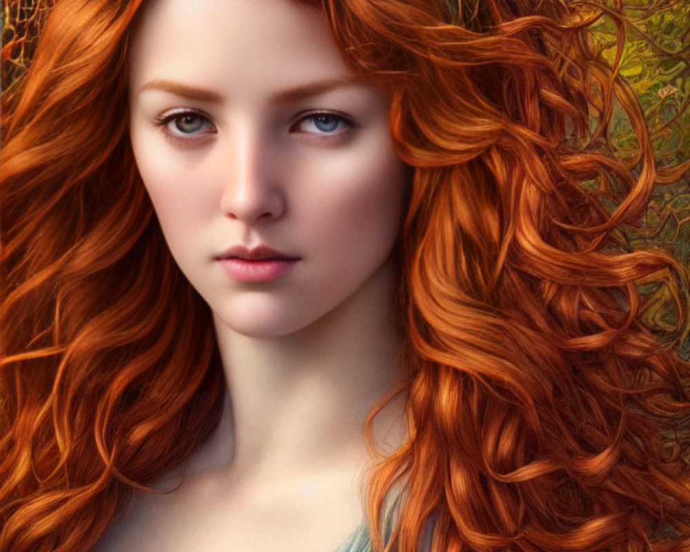 Digital painting of woman with red hair and autumn foliage crown against blurred background