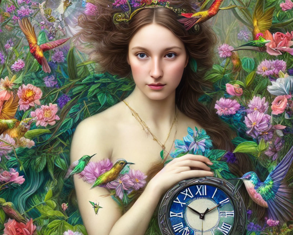 Portrait of woman with clock, flowers, and hummingbirds