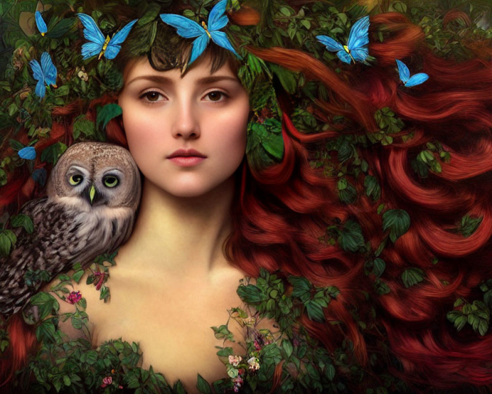 Woman with Red Hair, Blue Butterflies, Owl, and Nature Scene