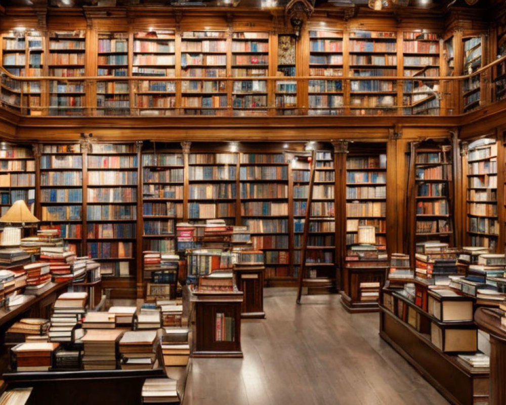 Well-Stocked Library with Wooden Bookshelves and Warm Lighting