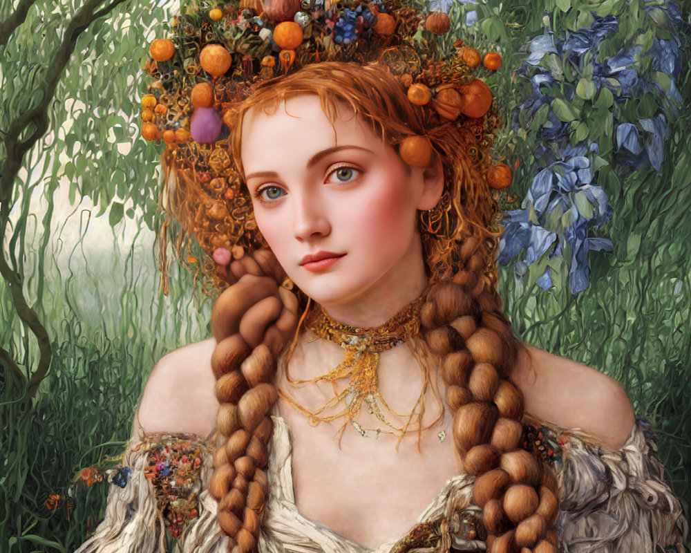 Portrait of young woman with braided hair and fruit wreath, rustic dress, lush greenery backdrop