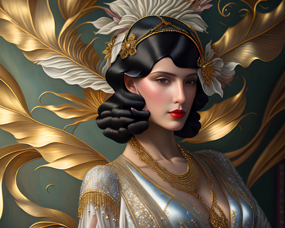 Illustrated woman with dark hair, golden wings, ornate headpiece, green background