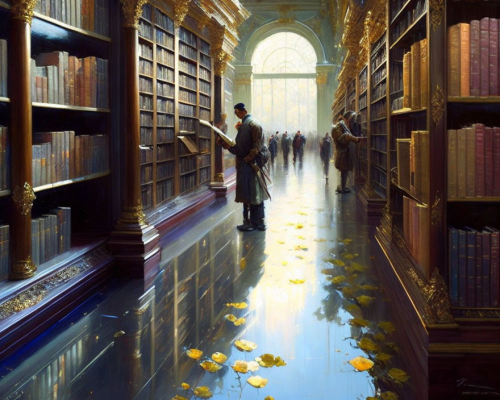 Grand Library with Towering Bookshelves and Sunlit Atrium, Reflective Floor, Autumn