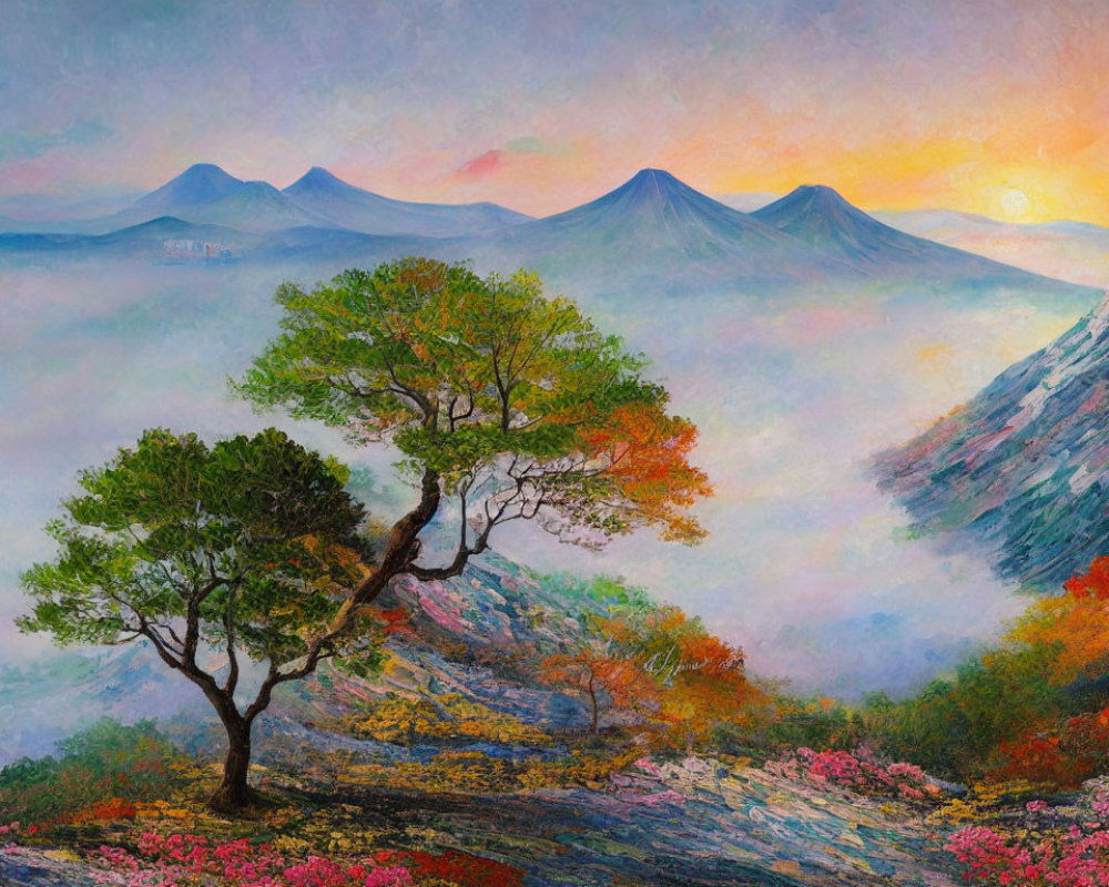 Vibrant landscape painting: sunrise, misty mountains, blossoming tree