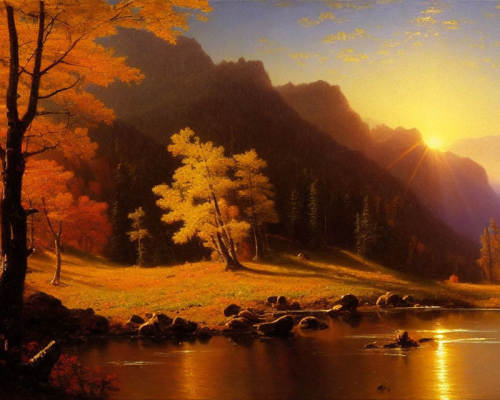 Golden foliage and still river in serene autumn setting with sunbeams and mountain backdrop.