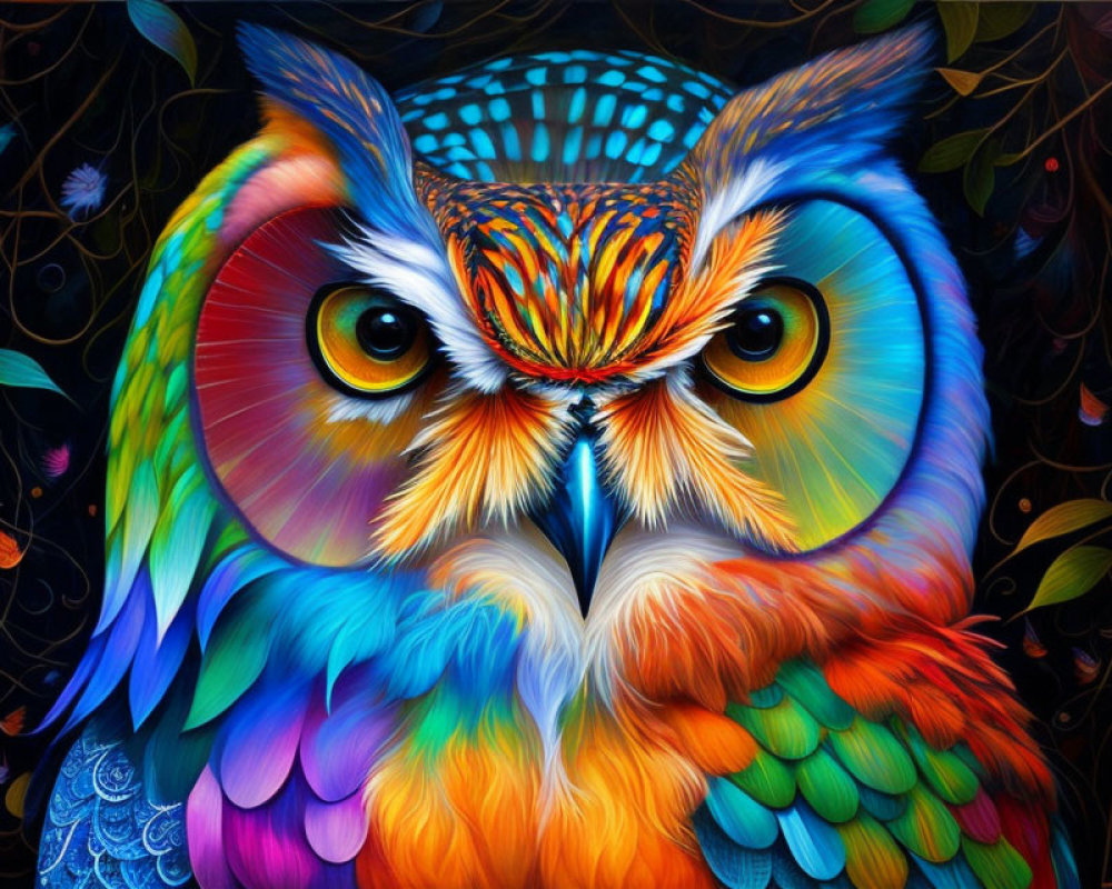 Colorful Owl Artwork with Intense Eyes and Intricate Patterns