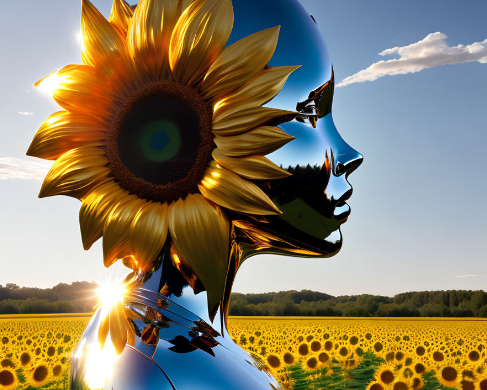 Reflective Human Head Sculpture with Sunflower Eye in Sunflower Field