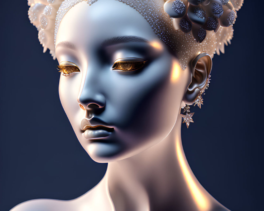 Digital artwork: Female figure with porcelain skin, white headpiece, gold eye shadow, snowflake e