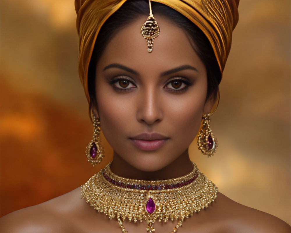 Woman adorned with gold jewelry and purple gemstones in elaborate makeup.