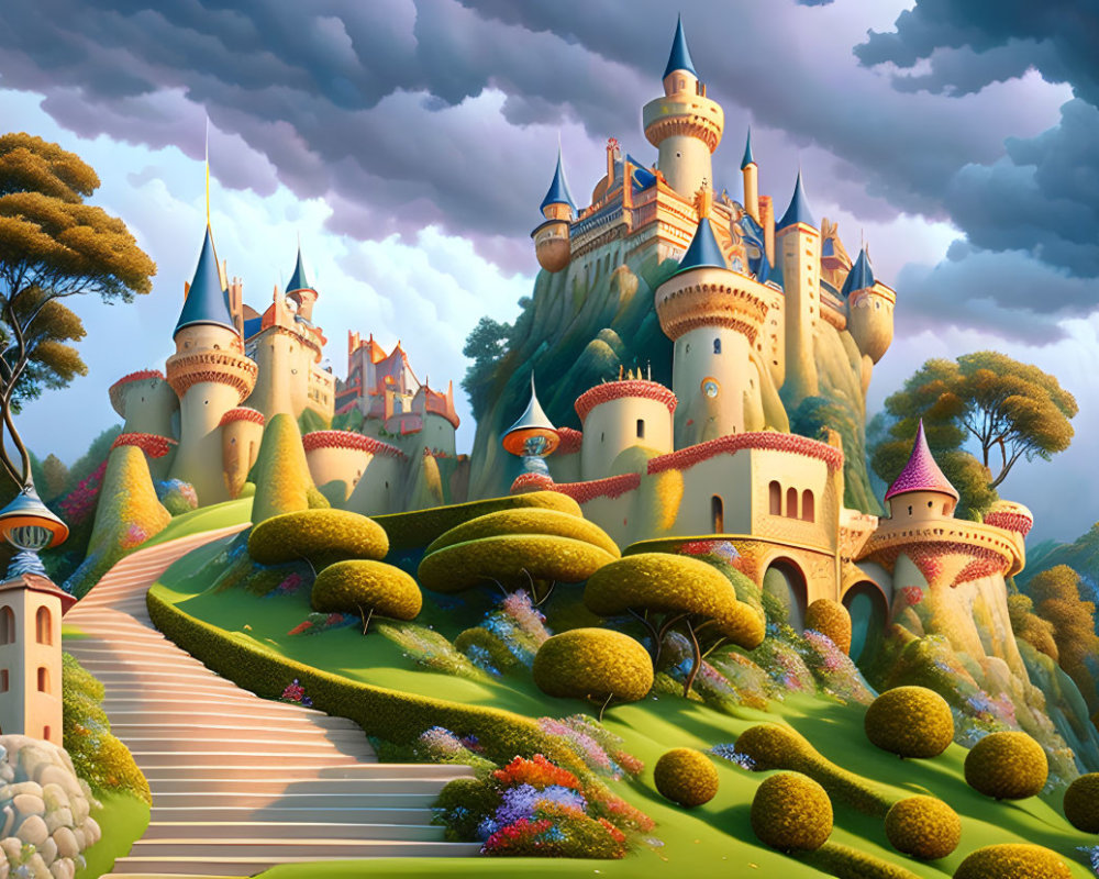 Whimsical fairytale castle illustration in vibrant landscape