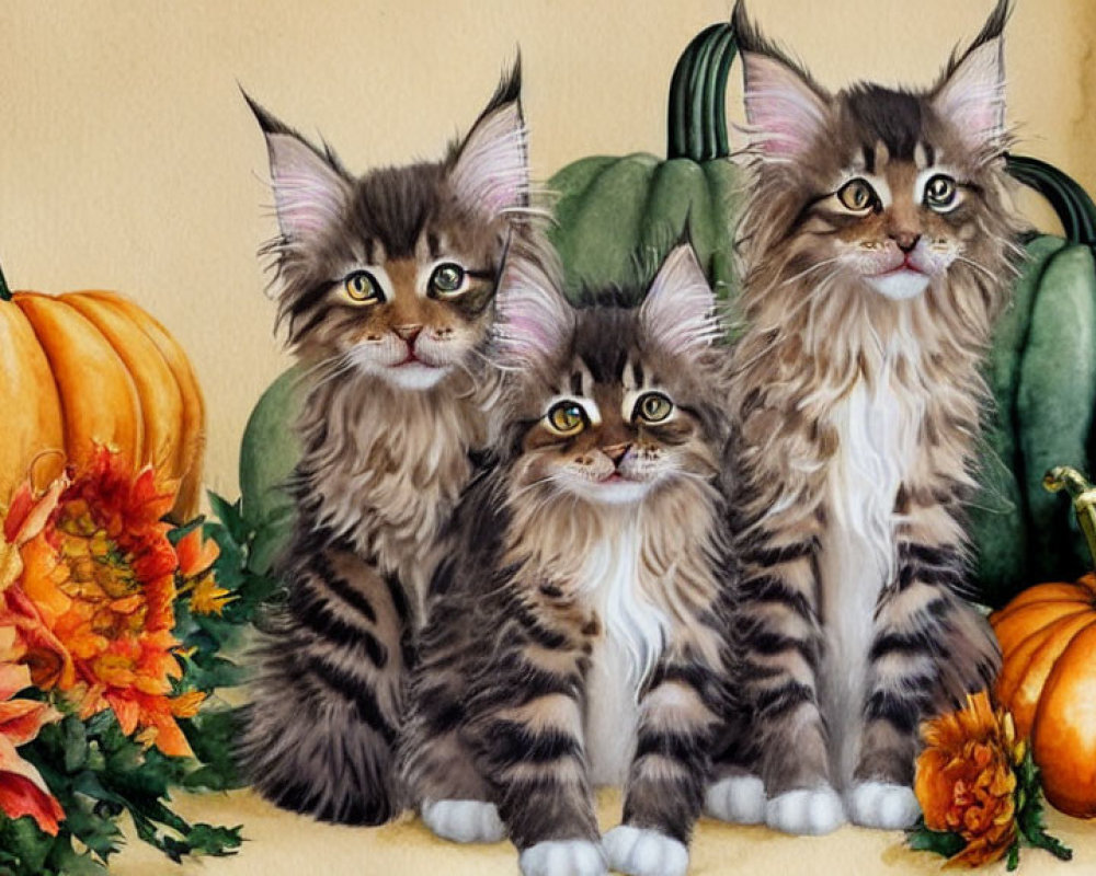 Adorable Kittens with Striped Fur Among Autumn Pumpkins