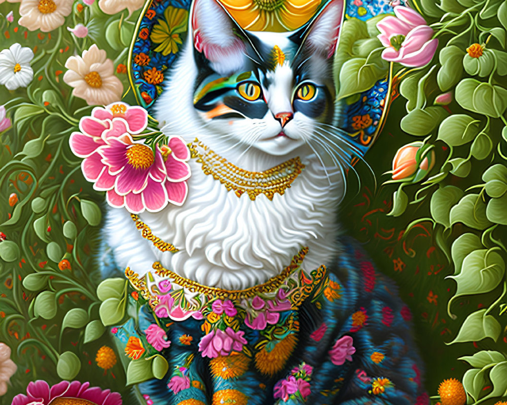 Colorful Cat Illustration with Floral Patterns and Jewelry on Floral Backdrop