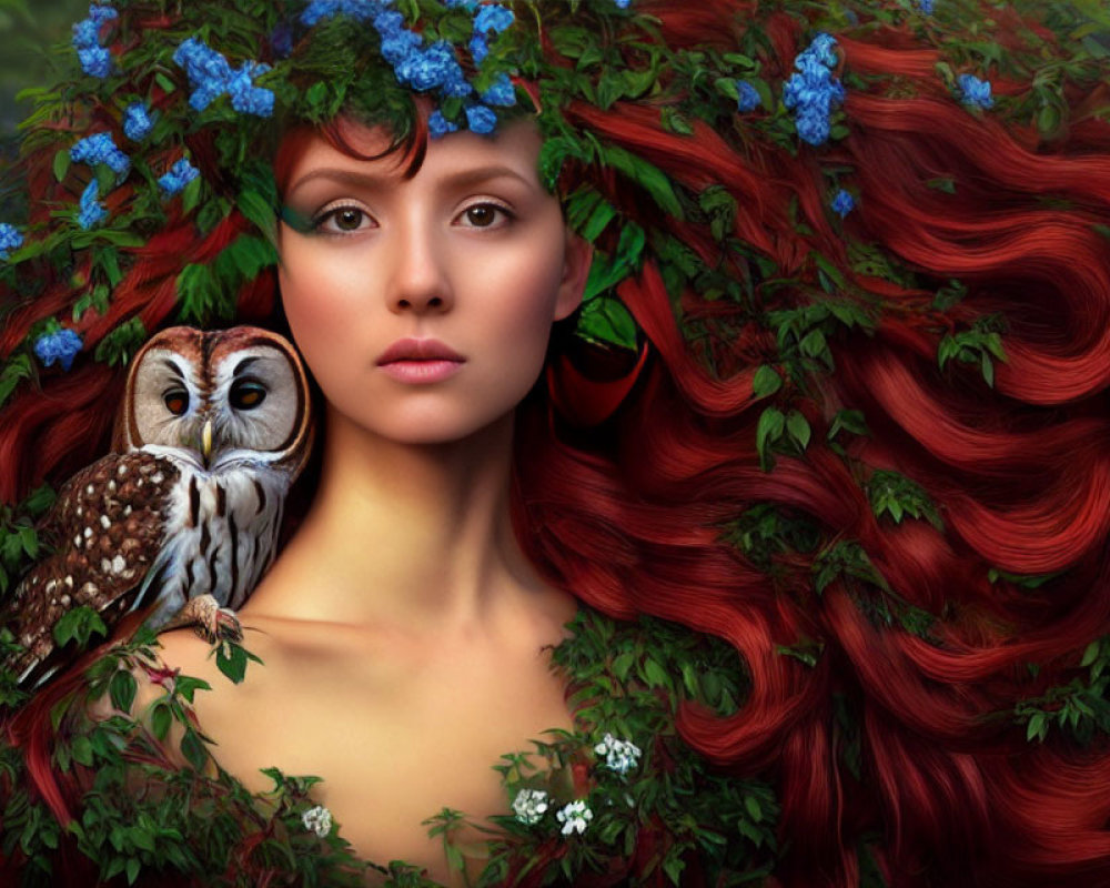 Red-haired woman with blue flowers and owl in green foliage