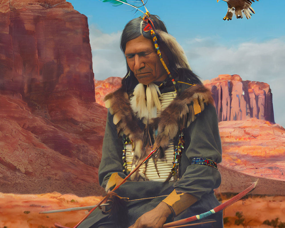 Indigenous person in feathered headdress with bow, eagle, and desert mesa.