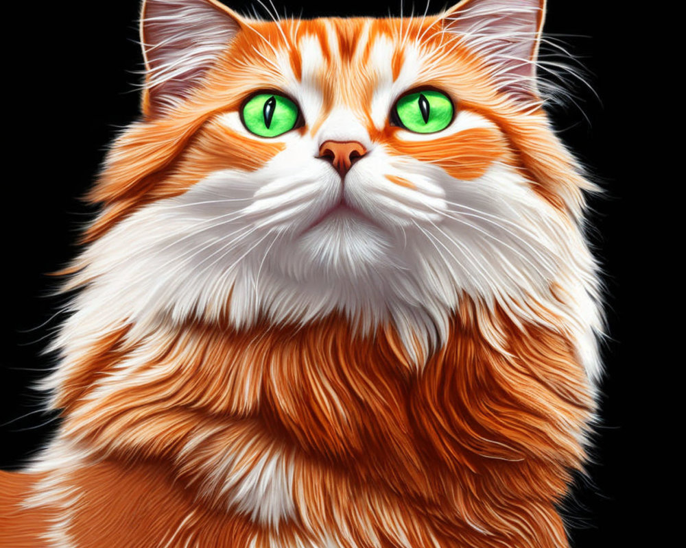 Orange-White Cat Illustration with Green Eyes on Black Background