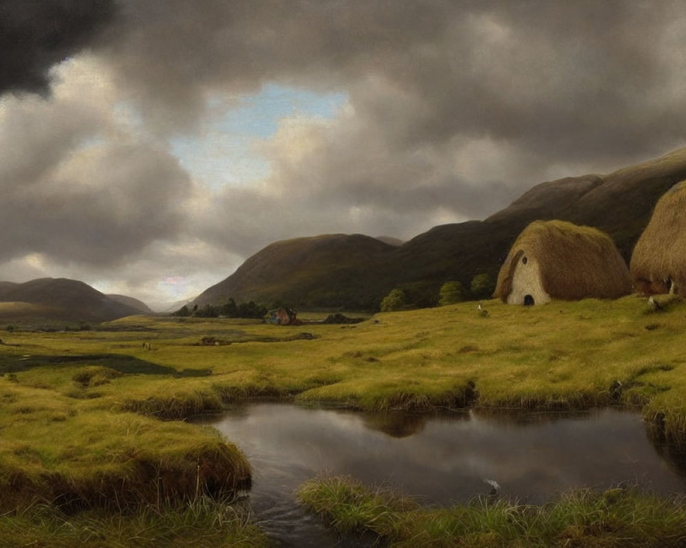 Traditional Thatched-Roof Houses in Serene Landscape