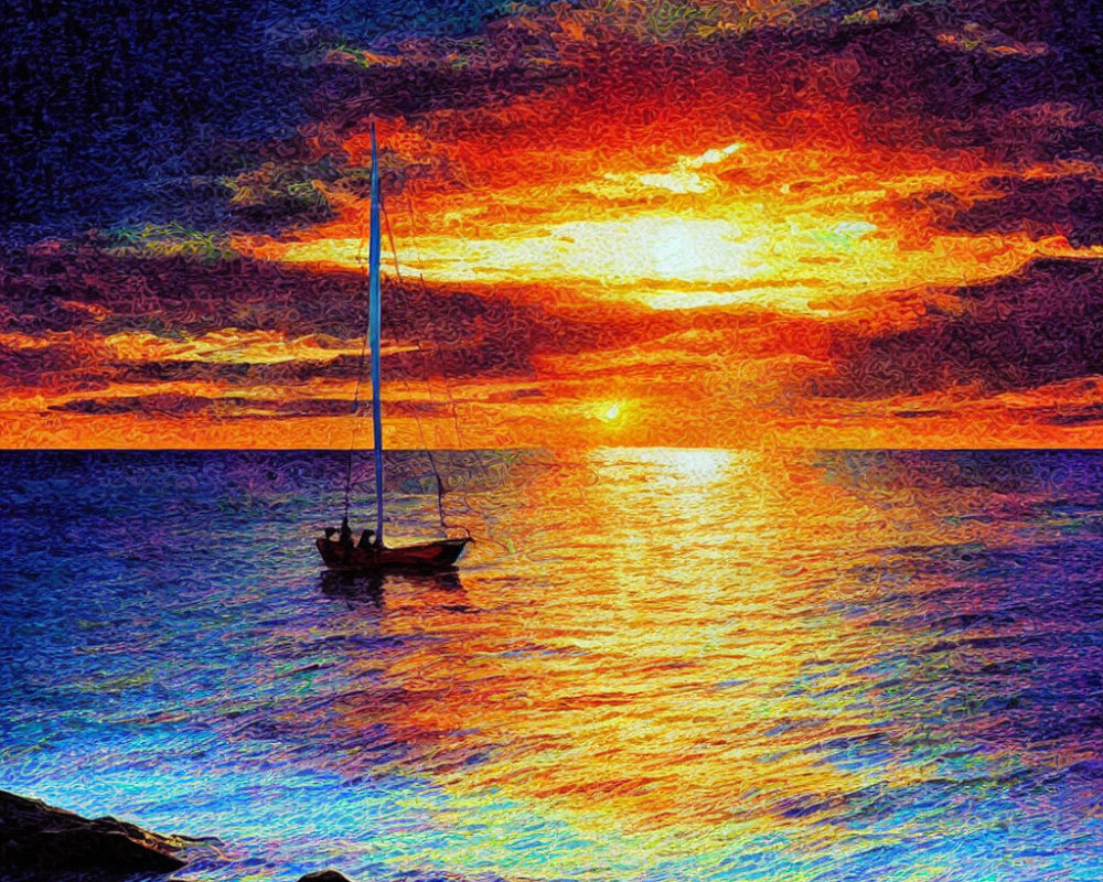 Colorful sailboat painting at sunset on calm sea