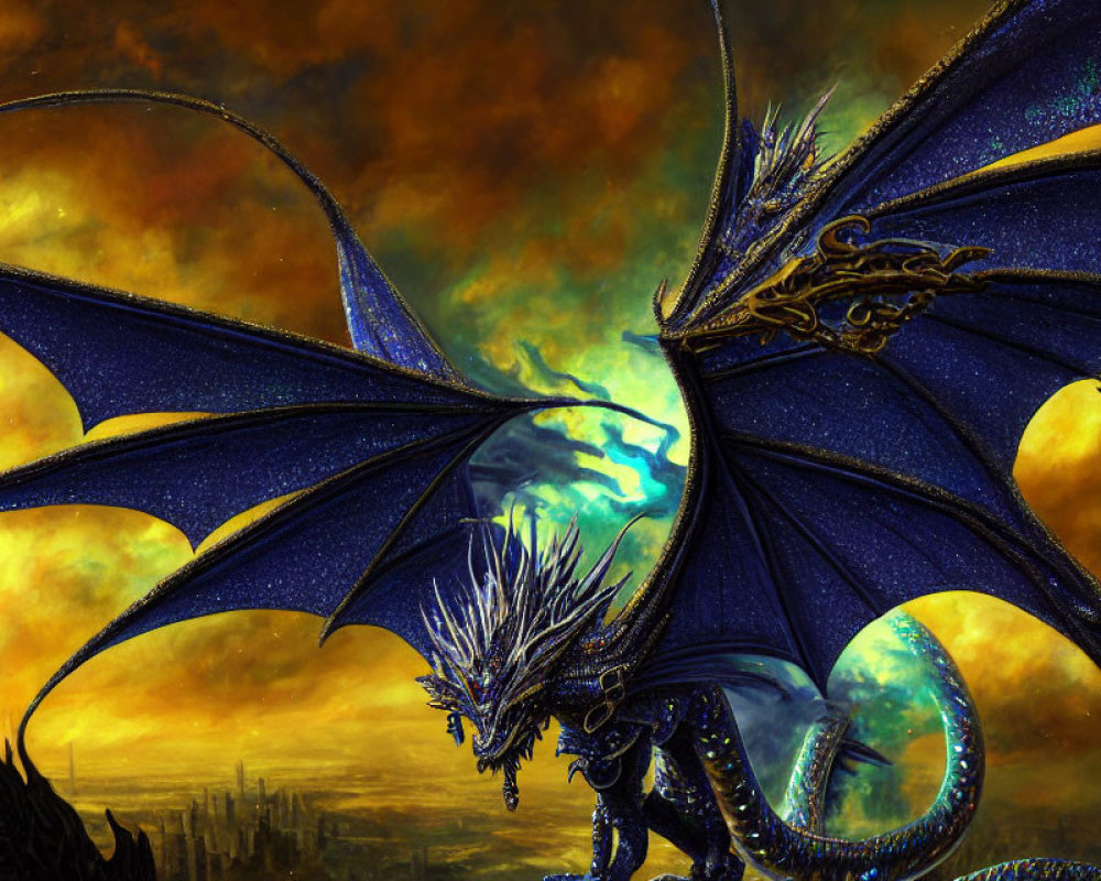 Blue dragon with shimmering wings and ornate decorations against yellow-orange cloudy sky