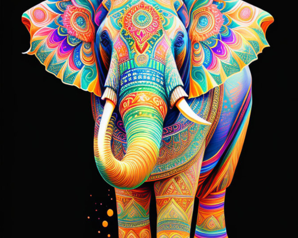 Colorful Elephant Illustration with Psychedelic Patterns on Black Background