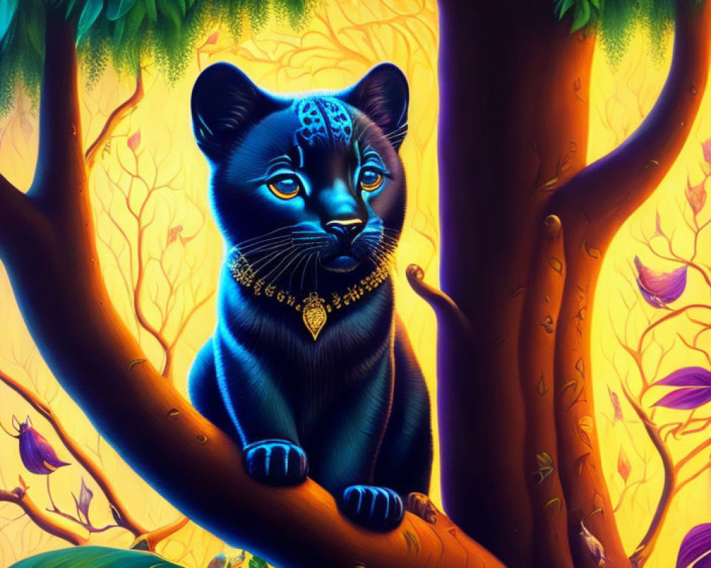 Mystical black panther with glowing blue eyes in colorful forest