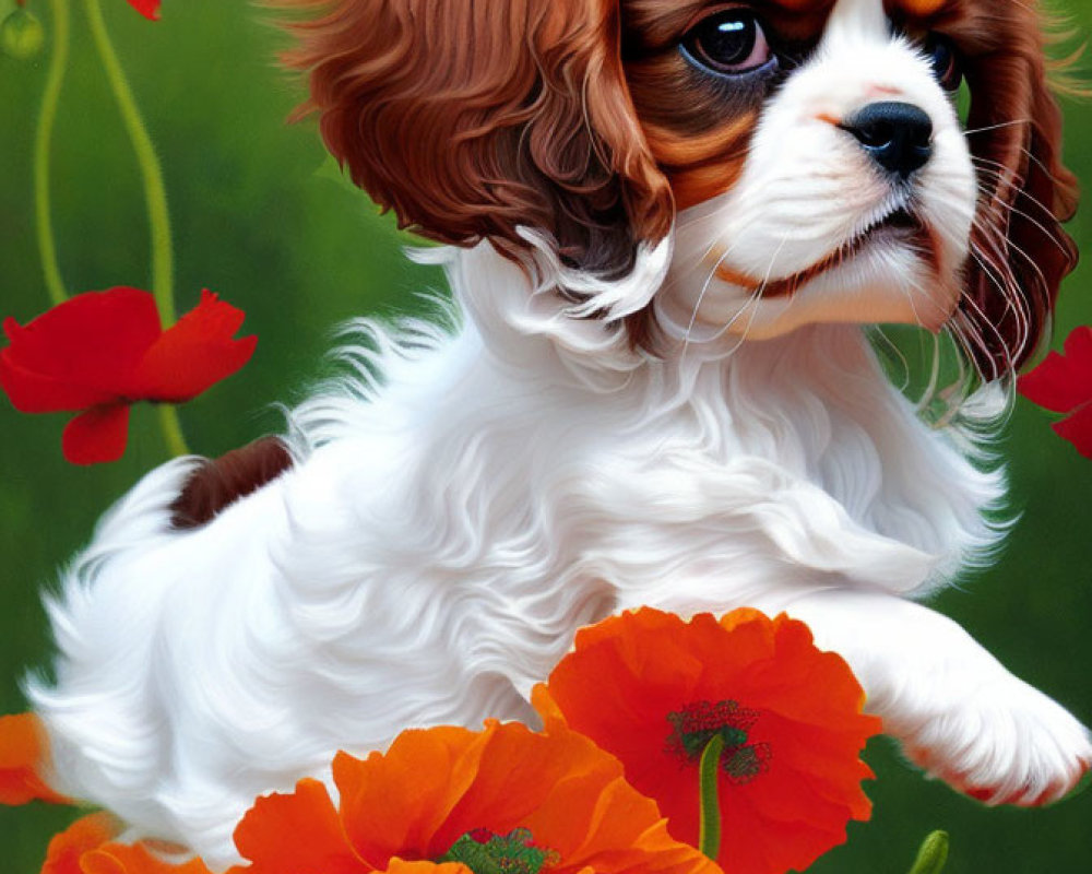 Realistic Brown and White Puppy with Red Poppies in Green Background