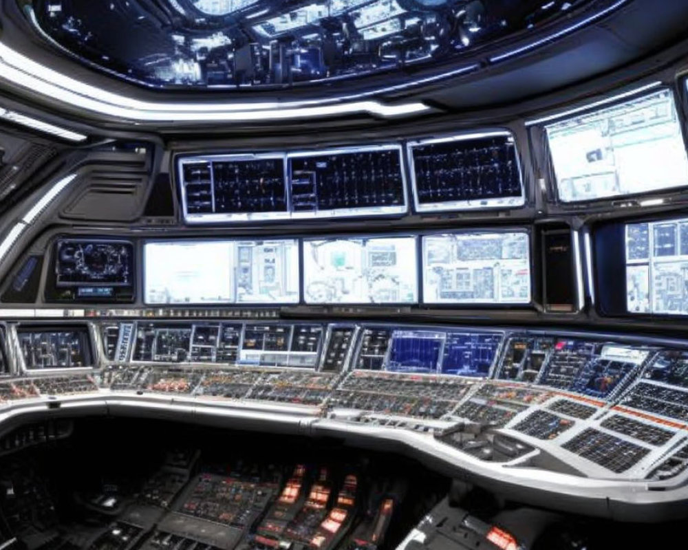 Futuristic spacecraft control panel with screens and illuminated buttons