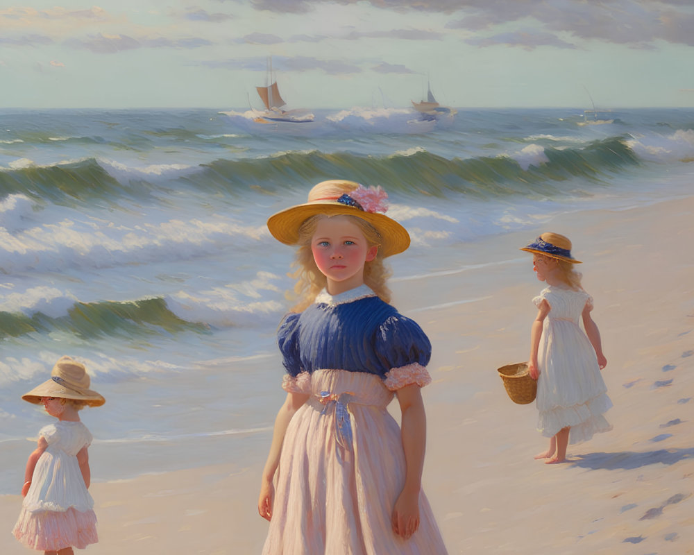 Vintage beach painting: Three girls in dresses, one in blue hat, on beach with seascape