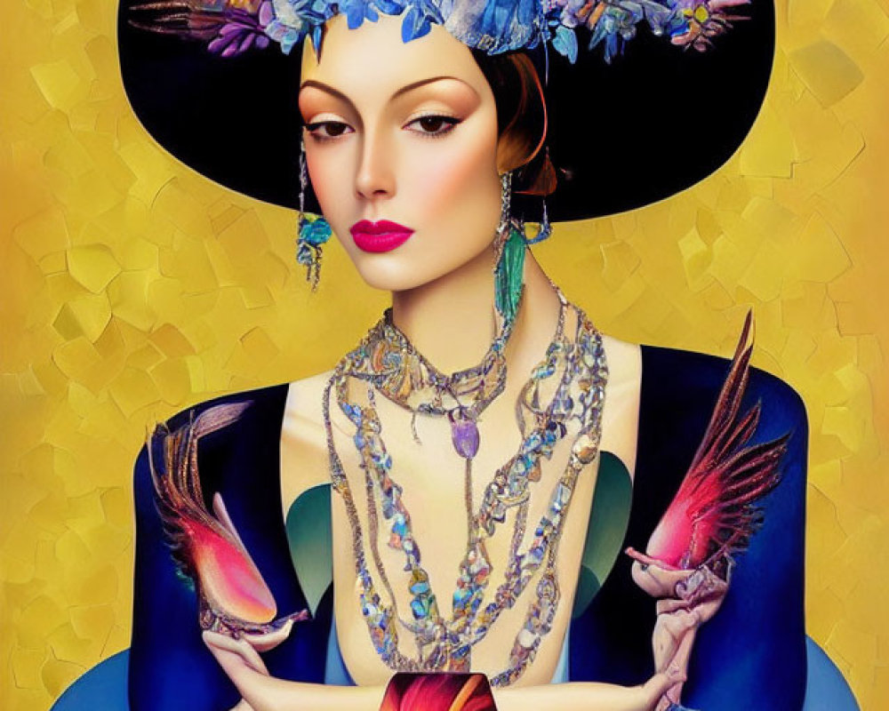 Colorful digital art of woman with ornate hat, jewelry, and birds.