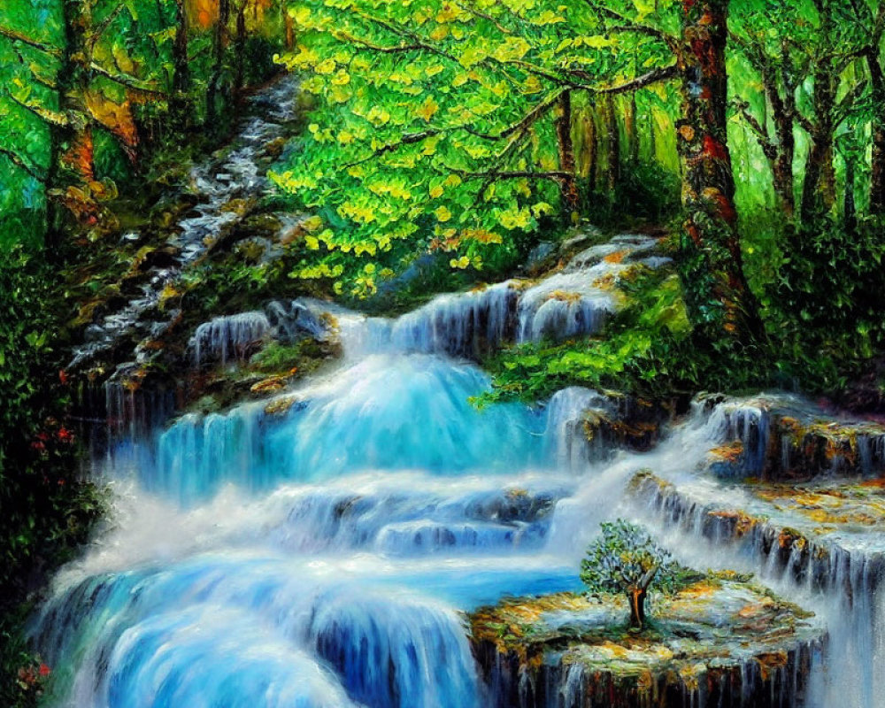 Lush greenery and waterfall painting with trees and sapling