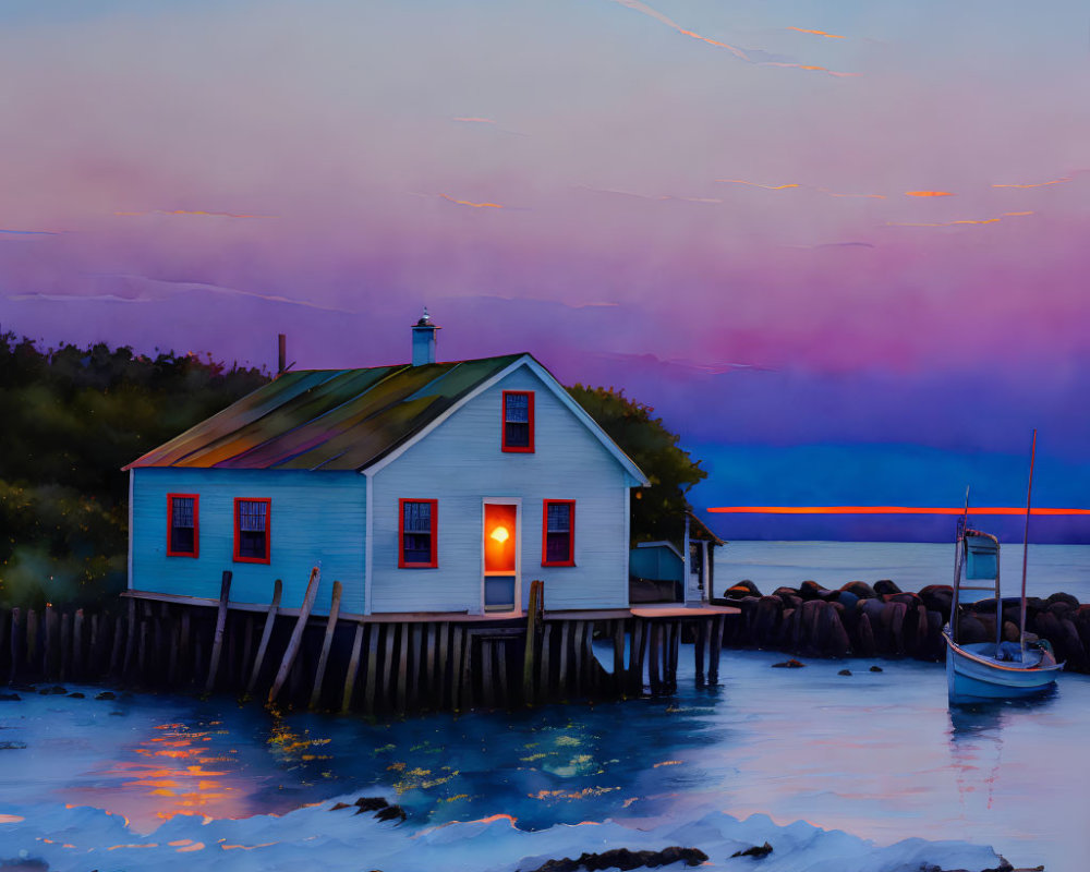 Stilted coastal house at sunset with boat docked by water