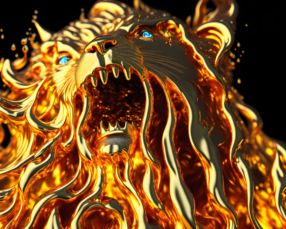 Vivid digital artwork: Roaring lion with flowing mane on dark background