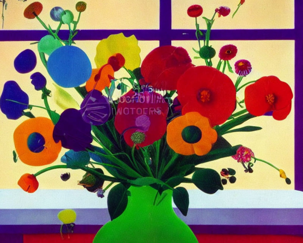 Colorful Painting: Vibrant Bouquet in Green Vase on Windowsill