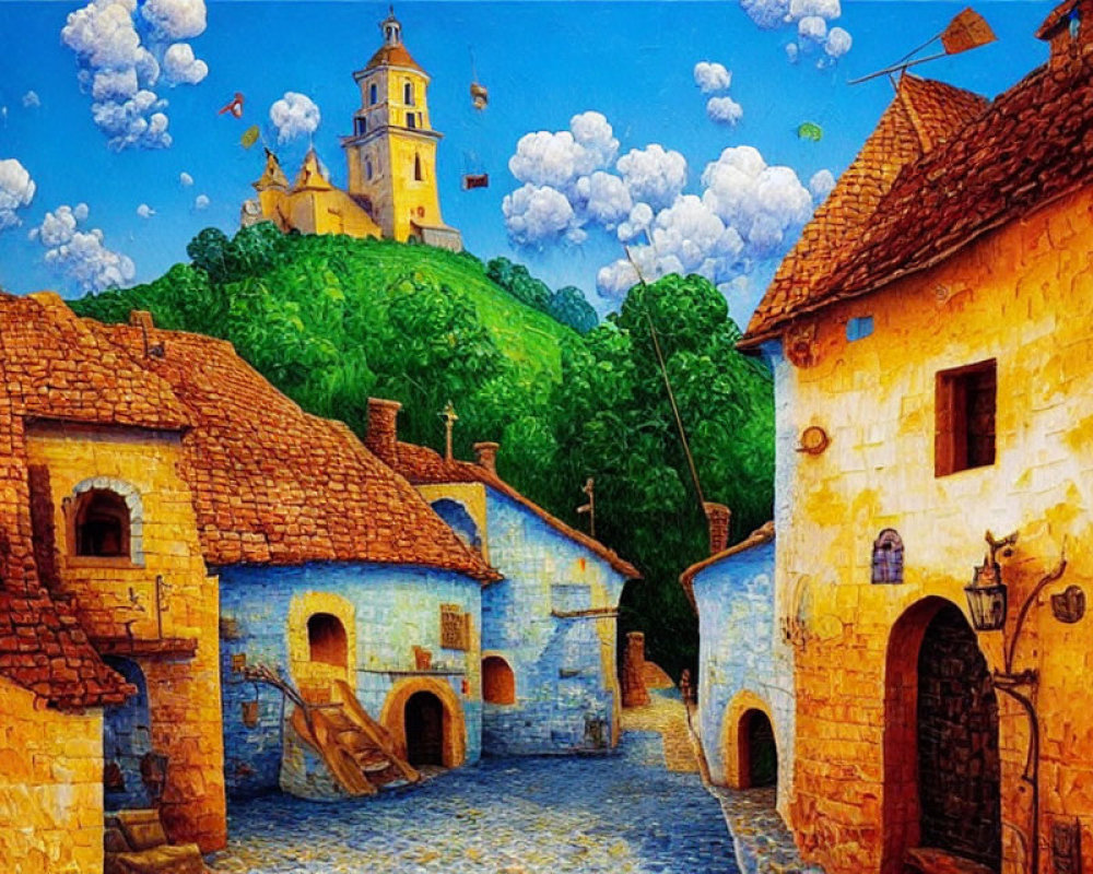 Colorful village painting with cobblestone streets and church tower.