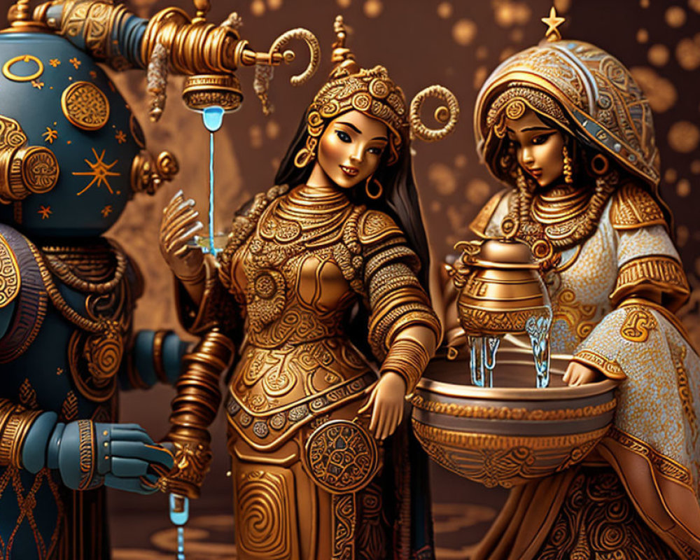 Detailed illustration of ornate robotic figures in golden ensemble