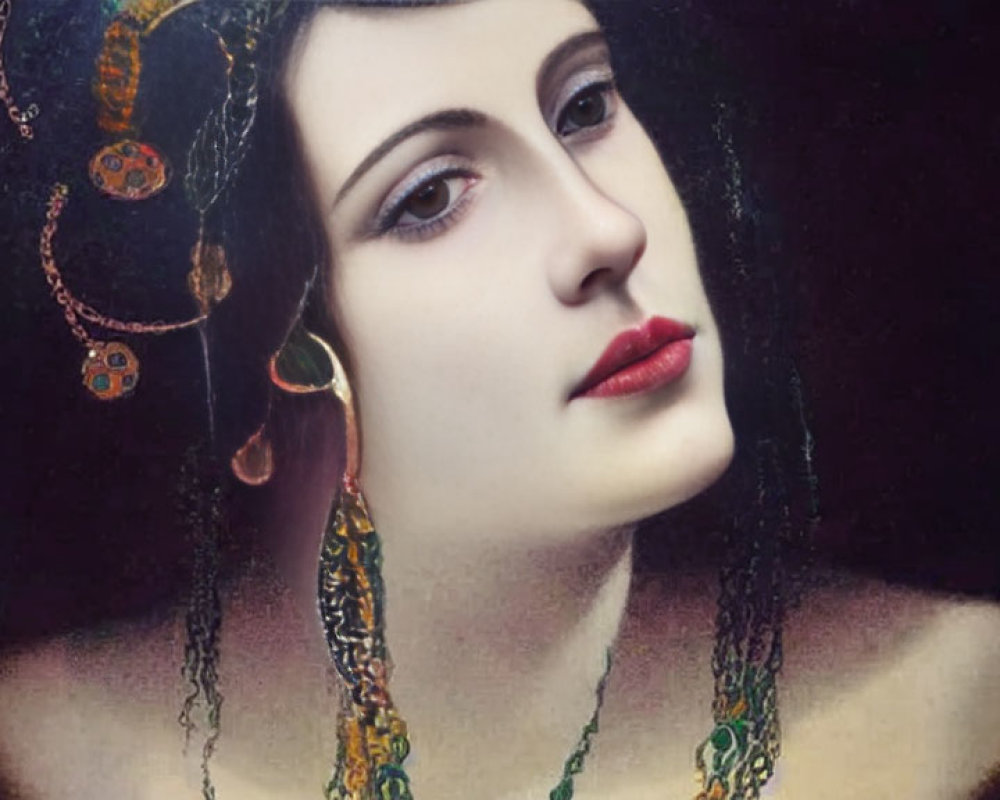 Portrait of woman with pale skin, dark hair, red lips, and ornate jewelry against dark background