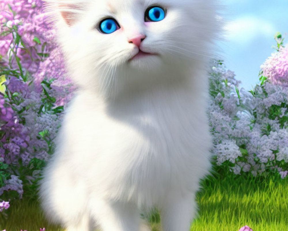 Fluffy White Cat with Blue Eyes in Blooming Garden