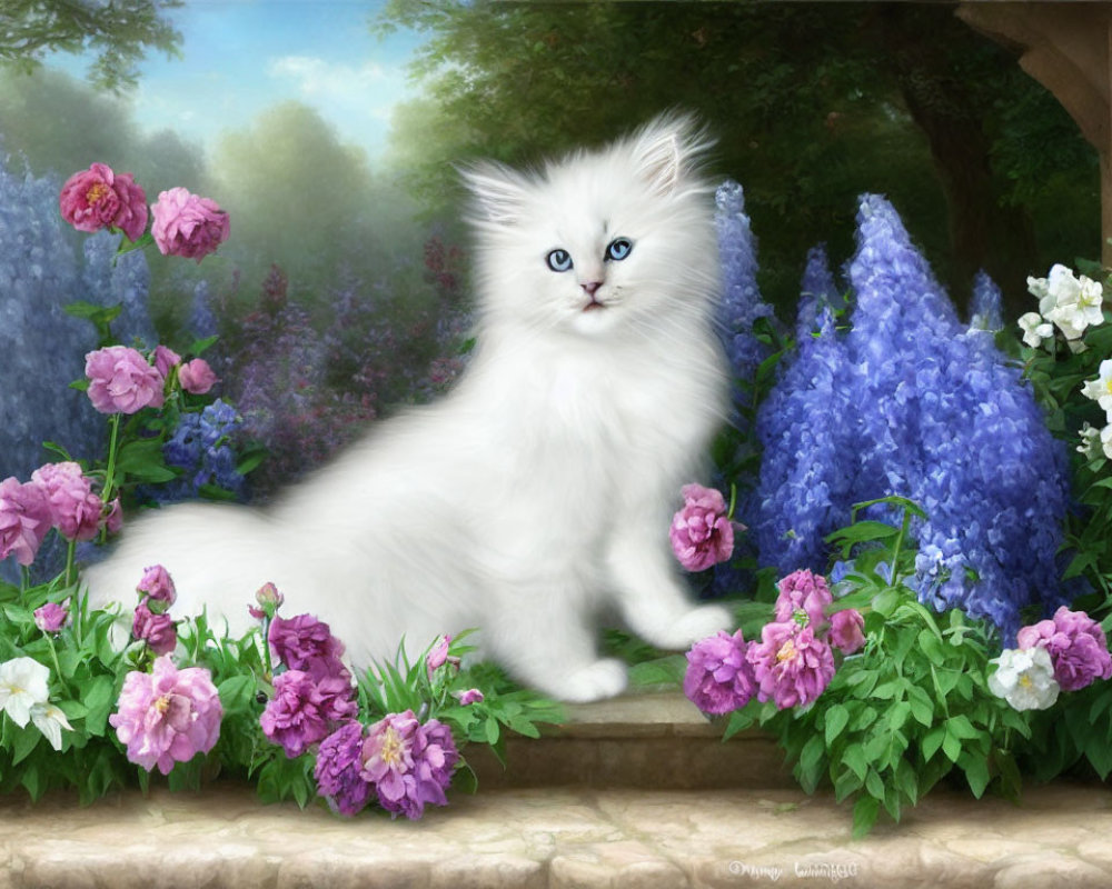 Fluffy White Cat with Blue Eyes in Colorful Flower Garden