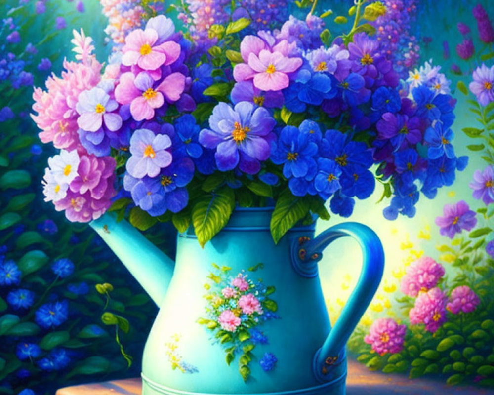 Colorful digital painting of blue watering can with flowers in magical forest