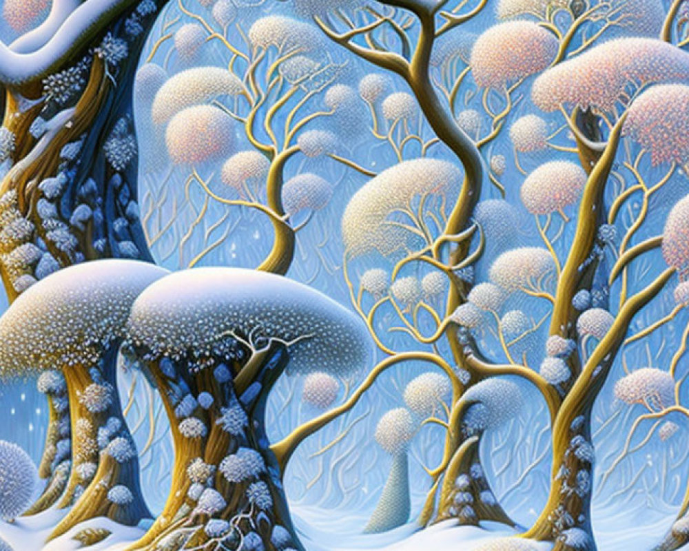 Detailed Snowy Forest Illustration with Stylized Trees in Blue Tones