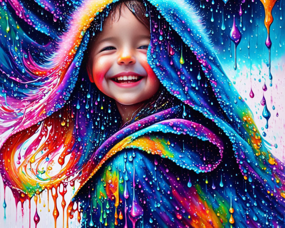 Smiling child in colorful cloak with dripping paint on bright background