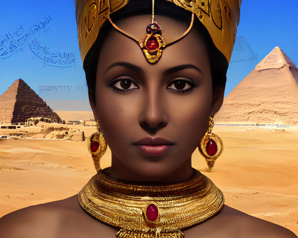 Ancient Egyptian-style costume with pyramids and desert backdrop