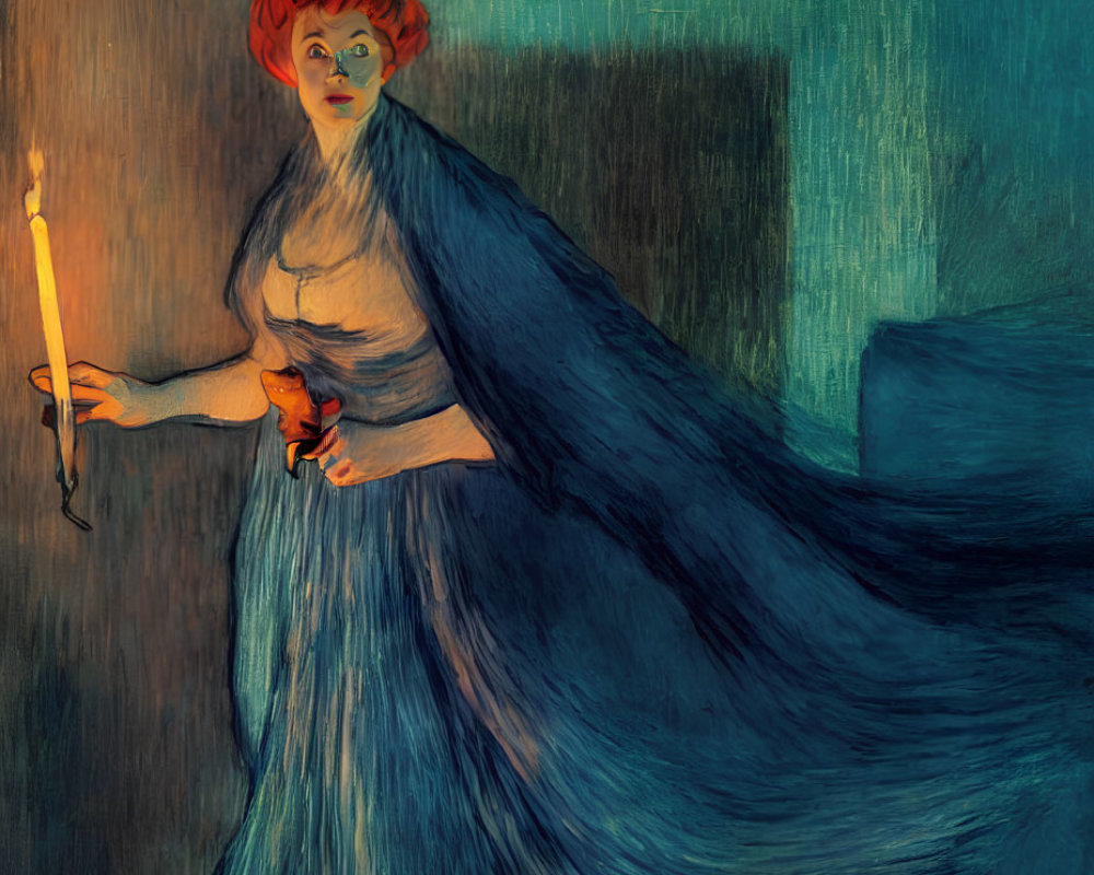 Red-haired woman in flowing blue dress holding a candle in dimly lit room