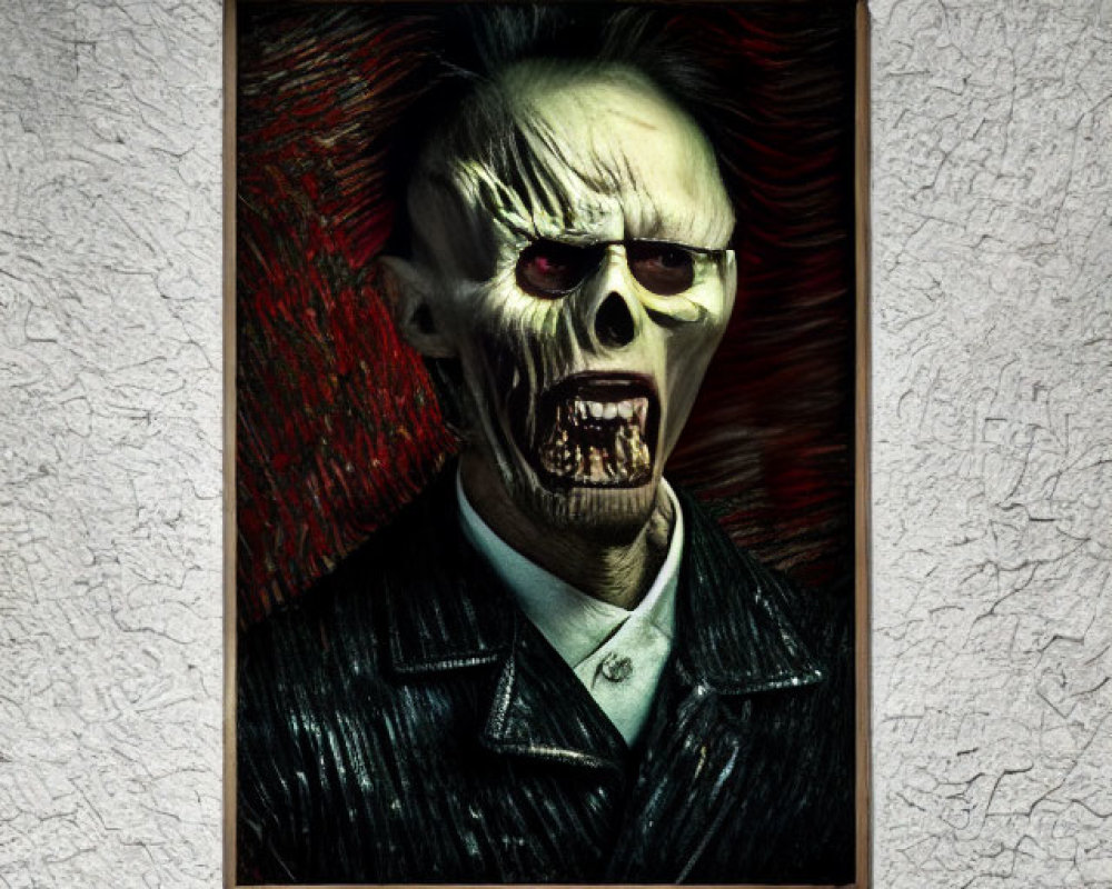 Framed painting of zombie-like figure with red eyes on textured wall