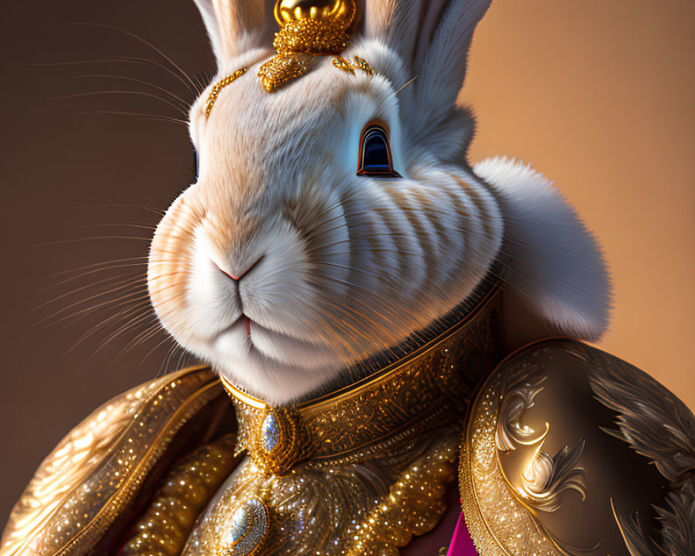 Regal rabbit in purple robe with gold embroidery and crown necklace