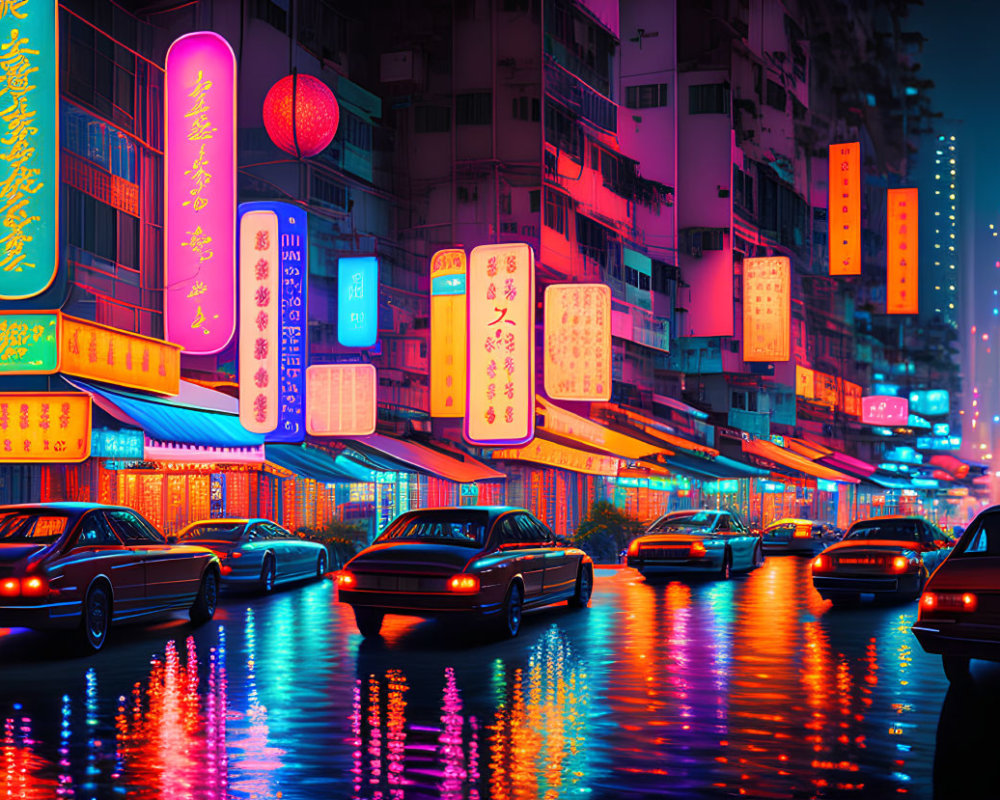 Night City Street with Neon Signs, Asian Billboards, Wet Pavement, and Cars