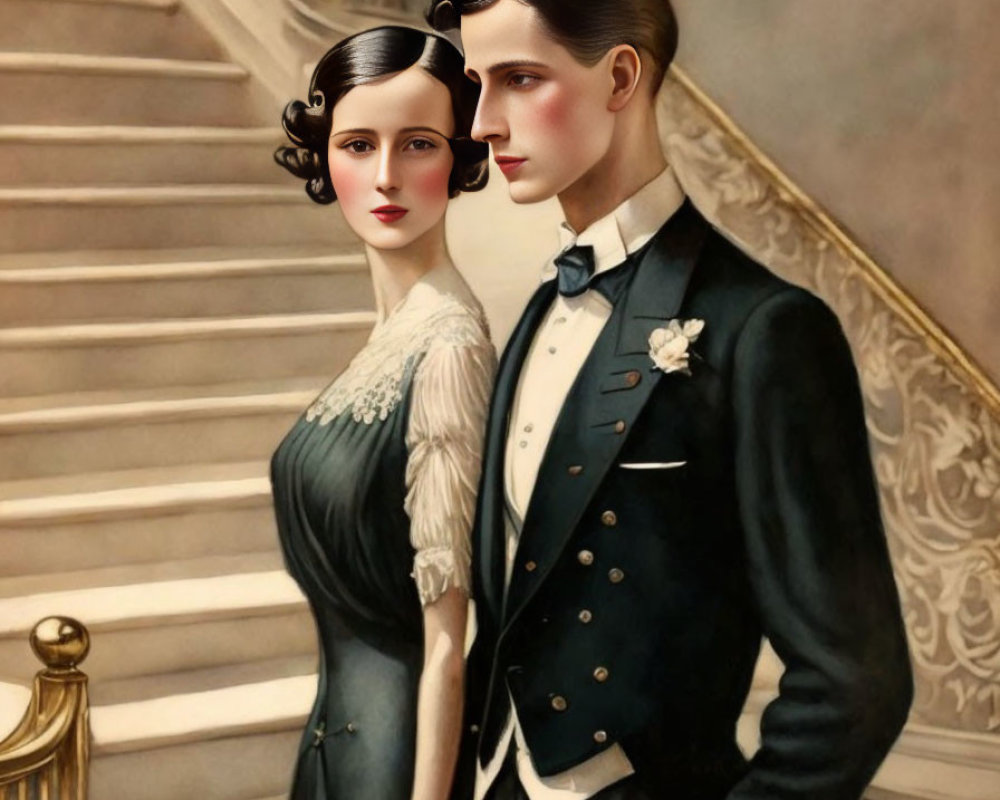 Vintage-style illustration of elegant couple in formal attire by grand staircase