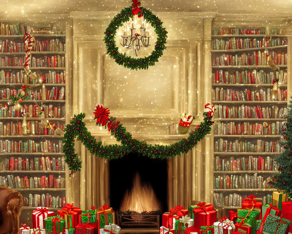 Festive Christmas scene with fireplace, tree, gifts, and decorations