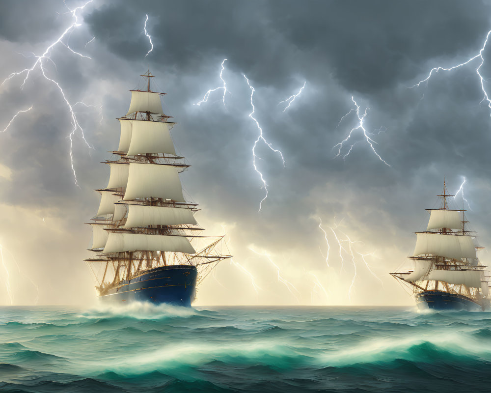 Tall ships in stormy seas with lightning bolts.